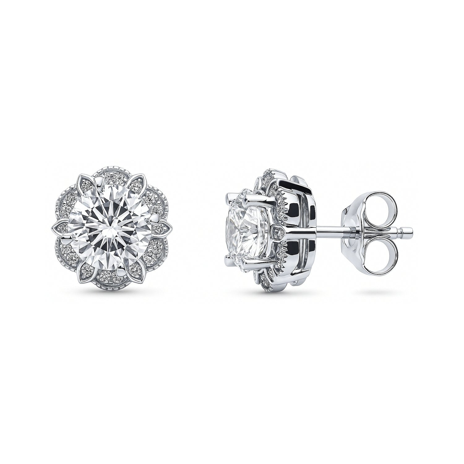 Flower Halo CZ Necklace and Earrings in Sterling Silver