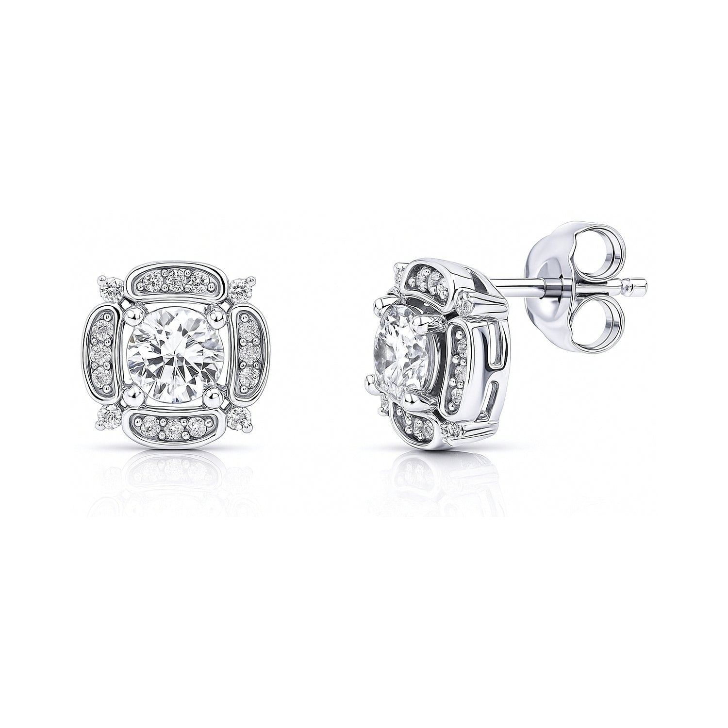Flower Halo CZ Stud Earrings in Sterling Silver, Clear Color