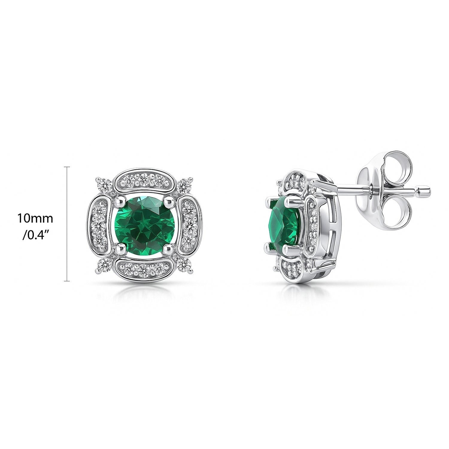 Flower Halo CZ Stud Earrings in Sterling Silver, Emerald Color