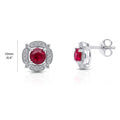 Flower Halo CZ Stud Earrings in Sterling Silver, Ruby Color