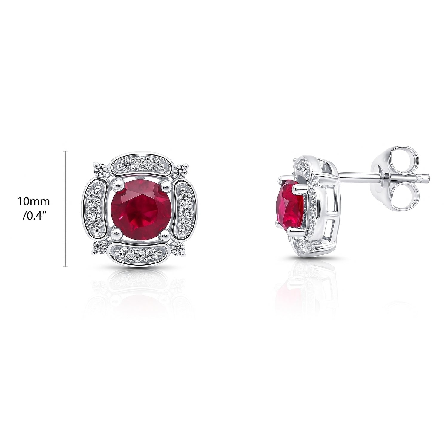 Flower Halo CZ Stud Earrings in Sterling Silver, Ruby Color