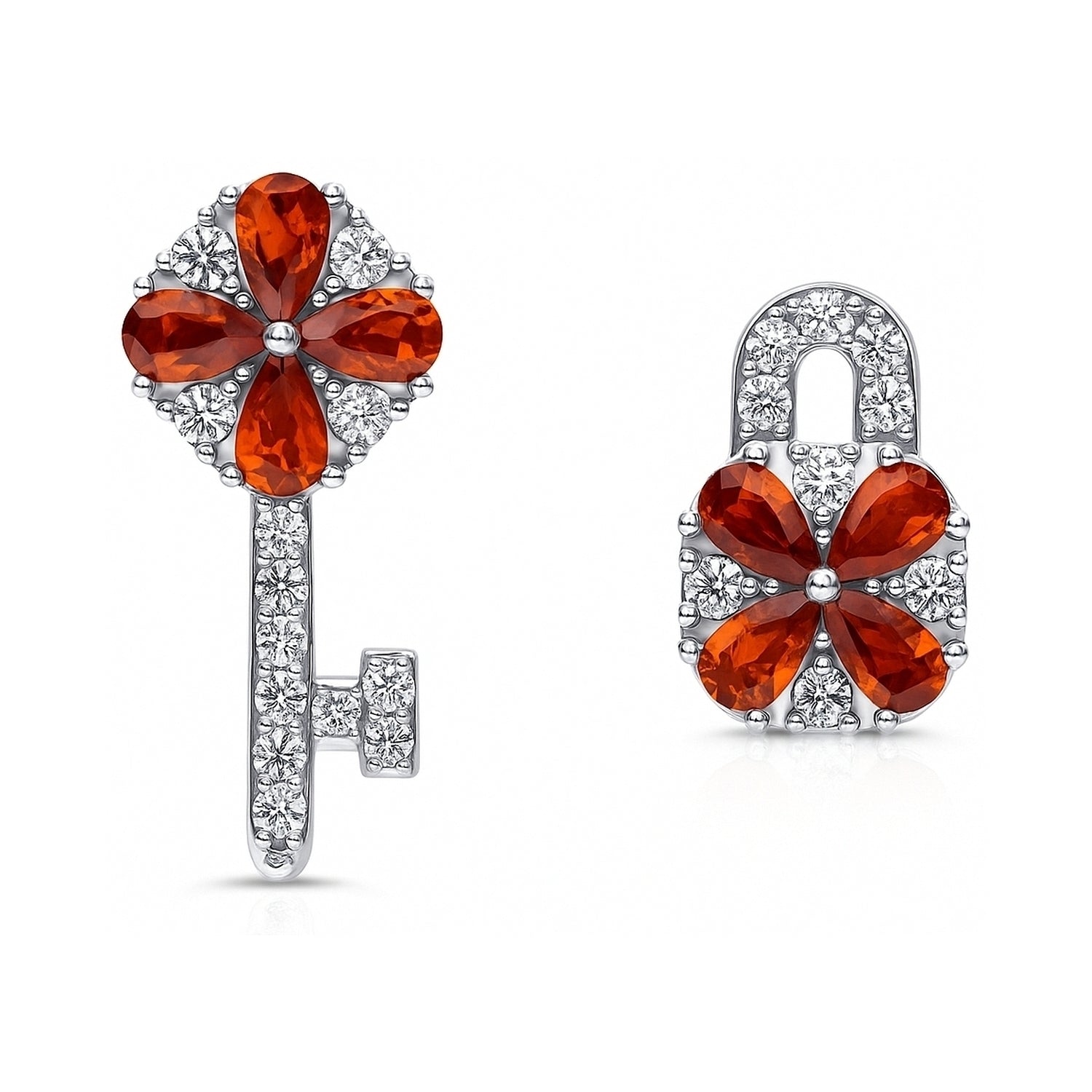 Key and Lock CZ Stud Earrings in Sterling Silver, Red Color