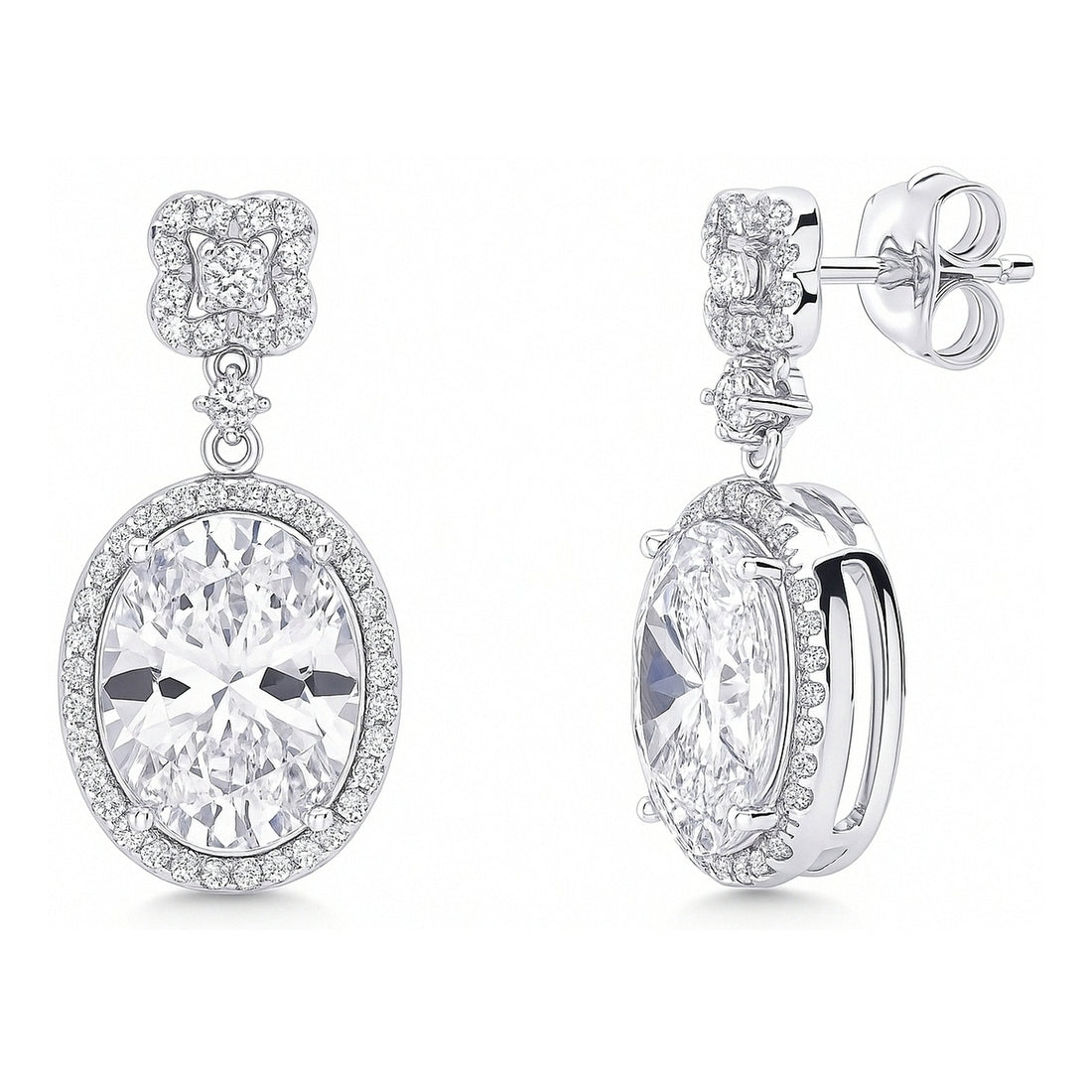 Halo Clover Oval CZ Earrings in Sterling Silver