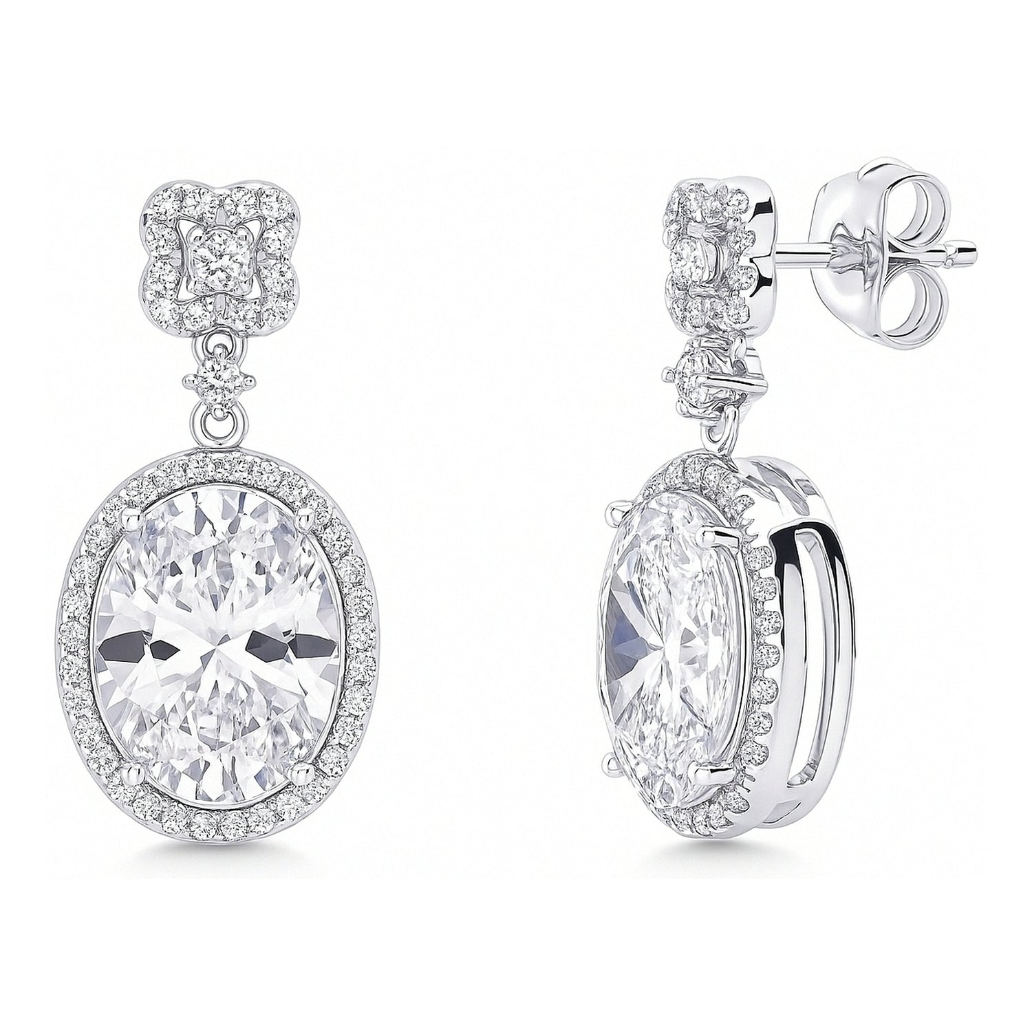 Halo Clover Oval CZ Earrings in Sterling Silver, Clear Color