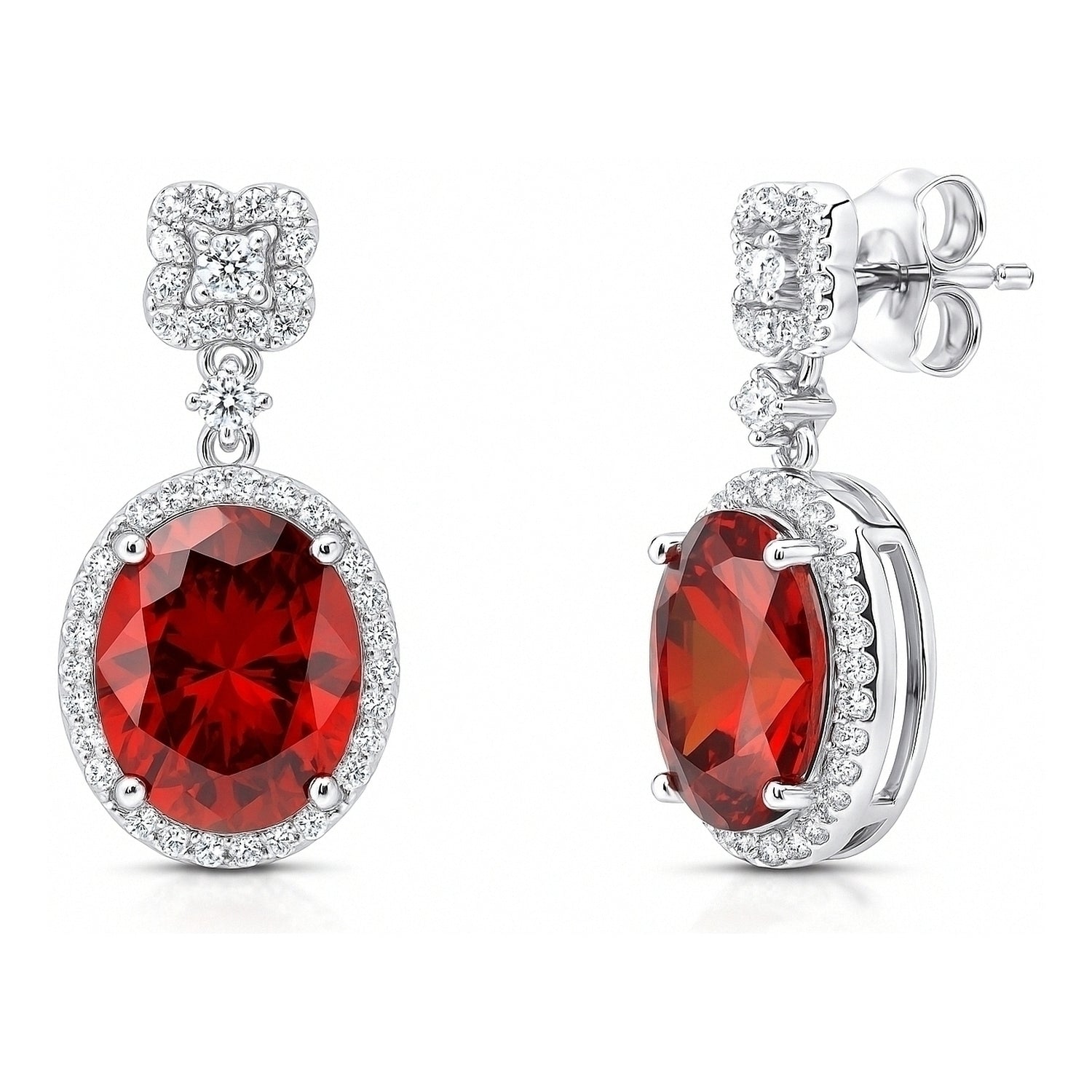 Halo Clover Oval CZ Earrings in Sterling Silver, Red Color