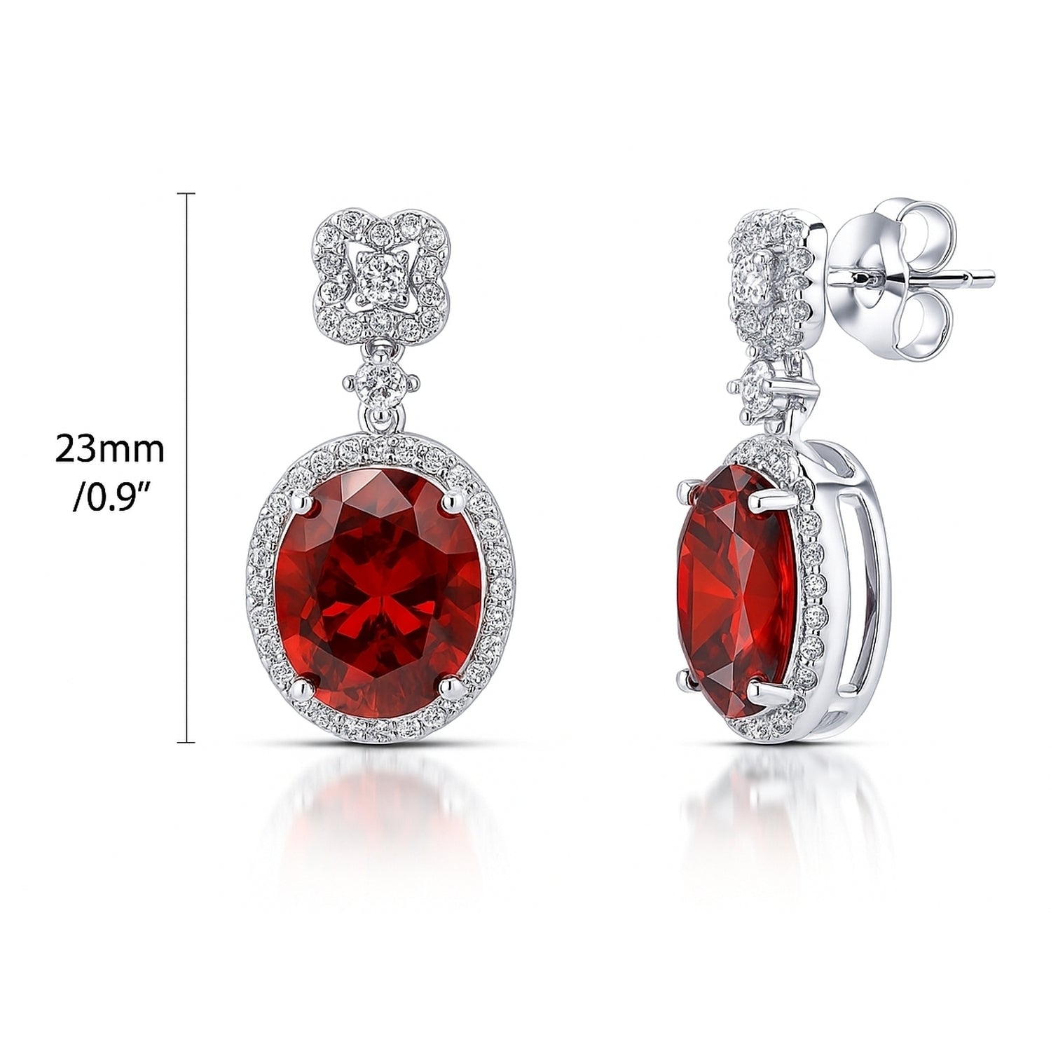 Halo Clover Oval CZ Earrings in Sterling Silver, Red Color