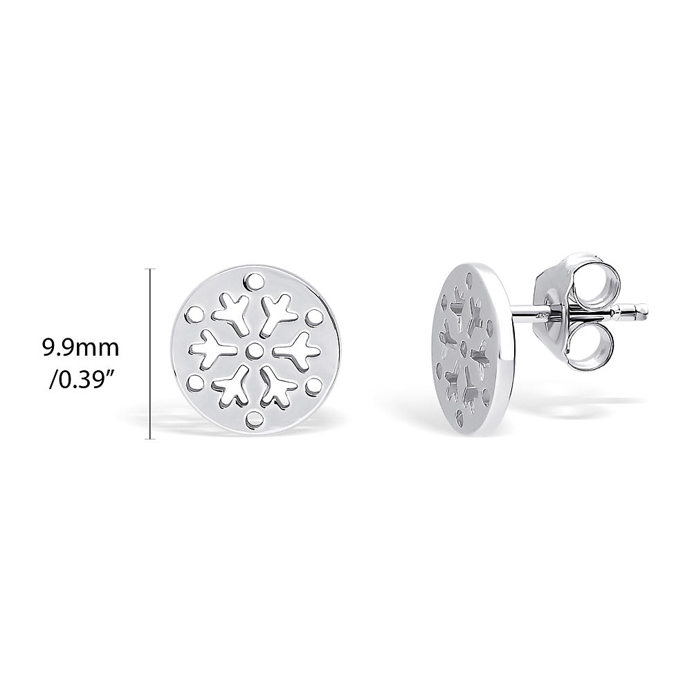 Front view of Snowflake Coin Stud Earrings in Sterling Silver, Rhodium Plated