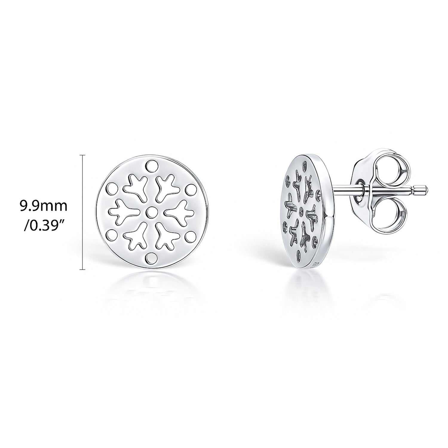 Snowflake Coin Stud Earrings in Sterling Silver, Rhodium Plated