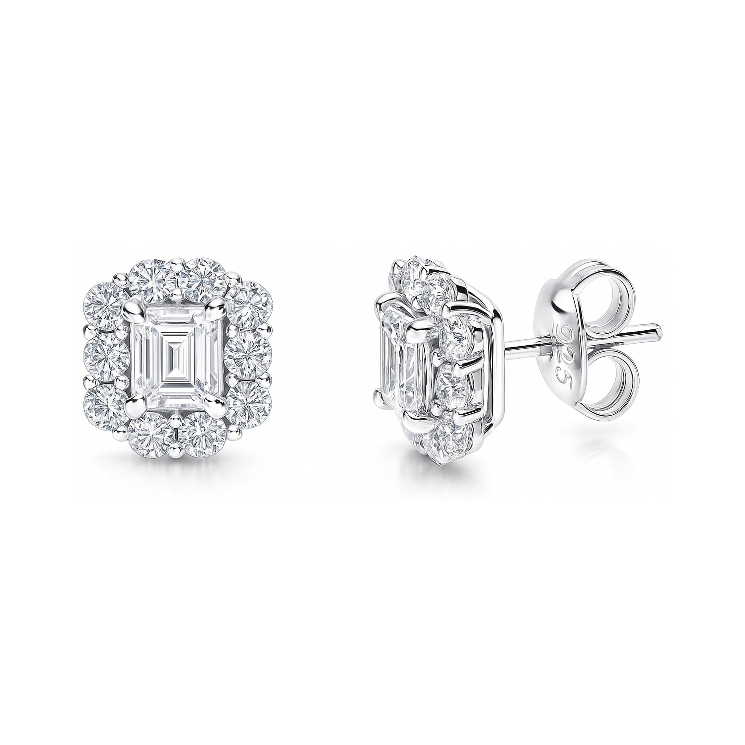 Halo Emerald Cut CZ Stud Earrings in Sterling Silver, 1 of 7