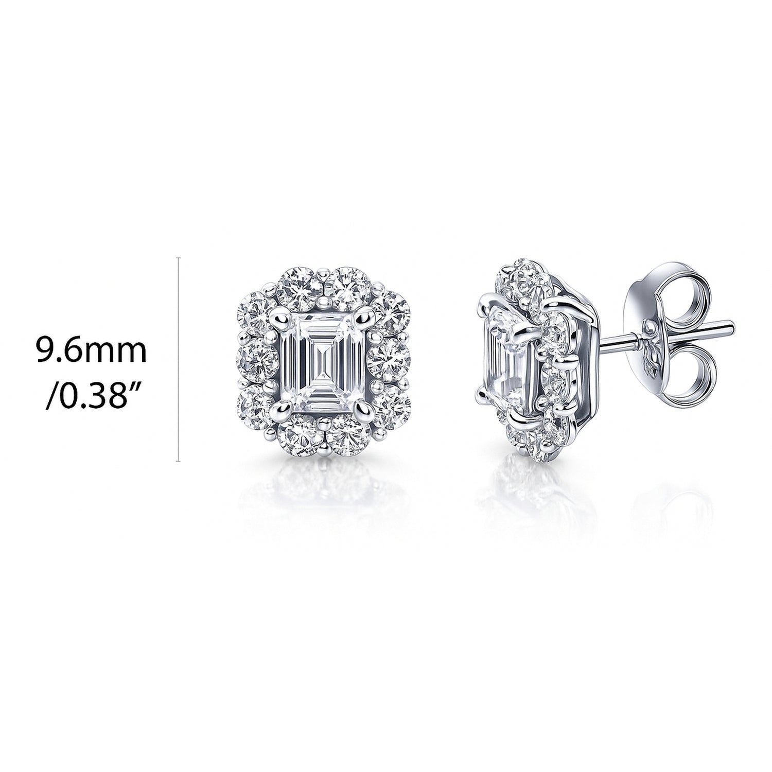 Halo Emerald Cut CZ Stud Earrings in Sterling Silver, 4 of 7