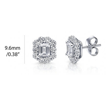 Halo Emerald Cut CZ Stud Earrings in Sterling Silver