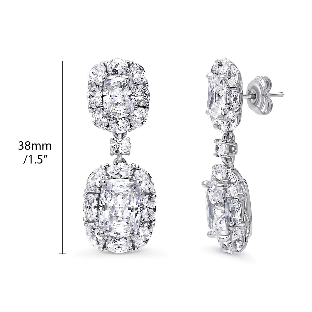 Front view of Halo Cushion CZ Chandelier Earrings in Sterling Silver, 4 of 9