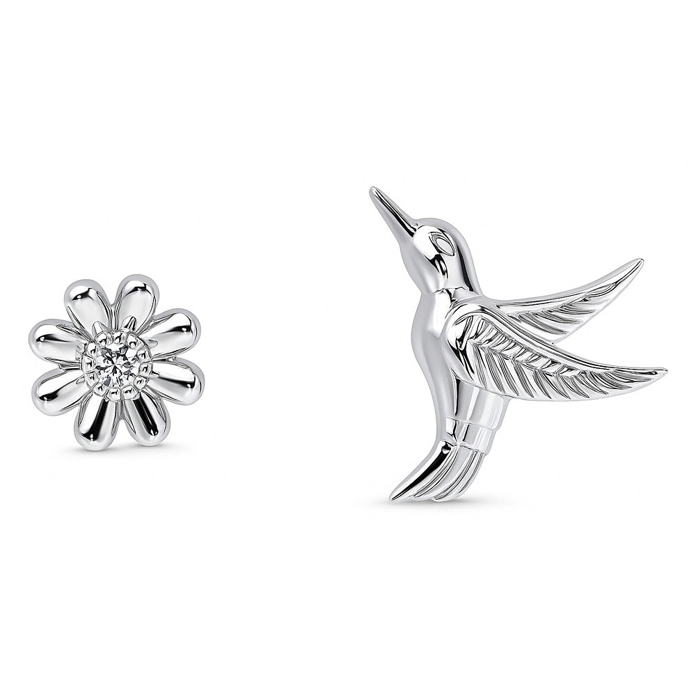 Hummingbird Flower CZ Stud Earrings in Sterling Silver, Rhodium Plated