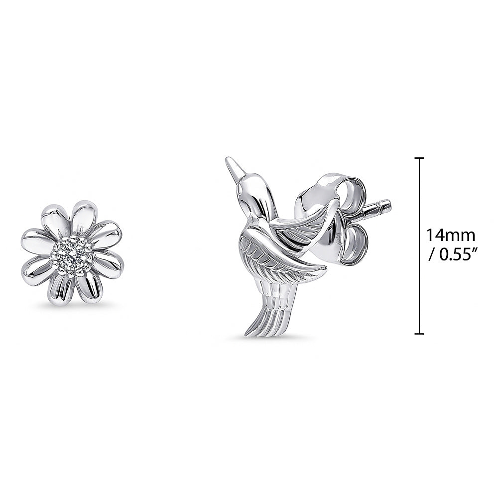 Hummingbird Flower CZ Stud Earrings in Sterling Silver, Rhodium Plated