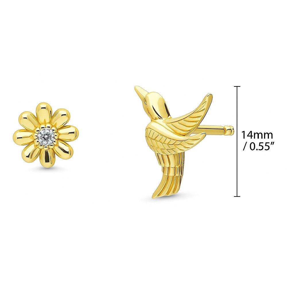 Hummingbird Flower CZ Stud Earrings in Sterling Silver, Gold Flashed