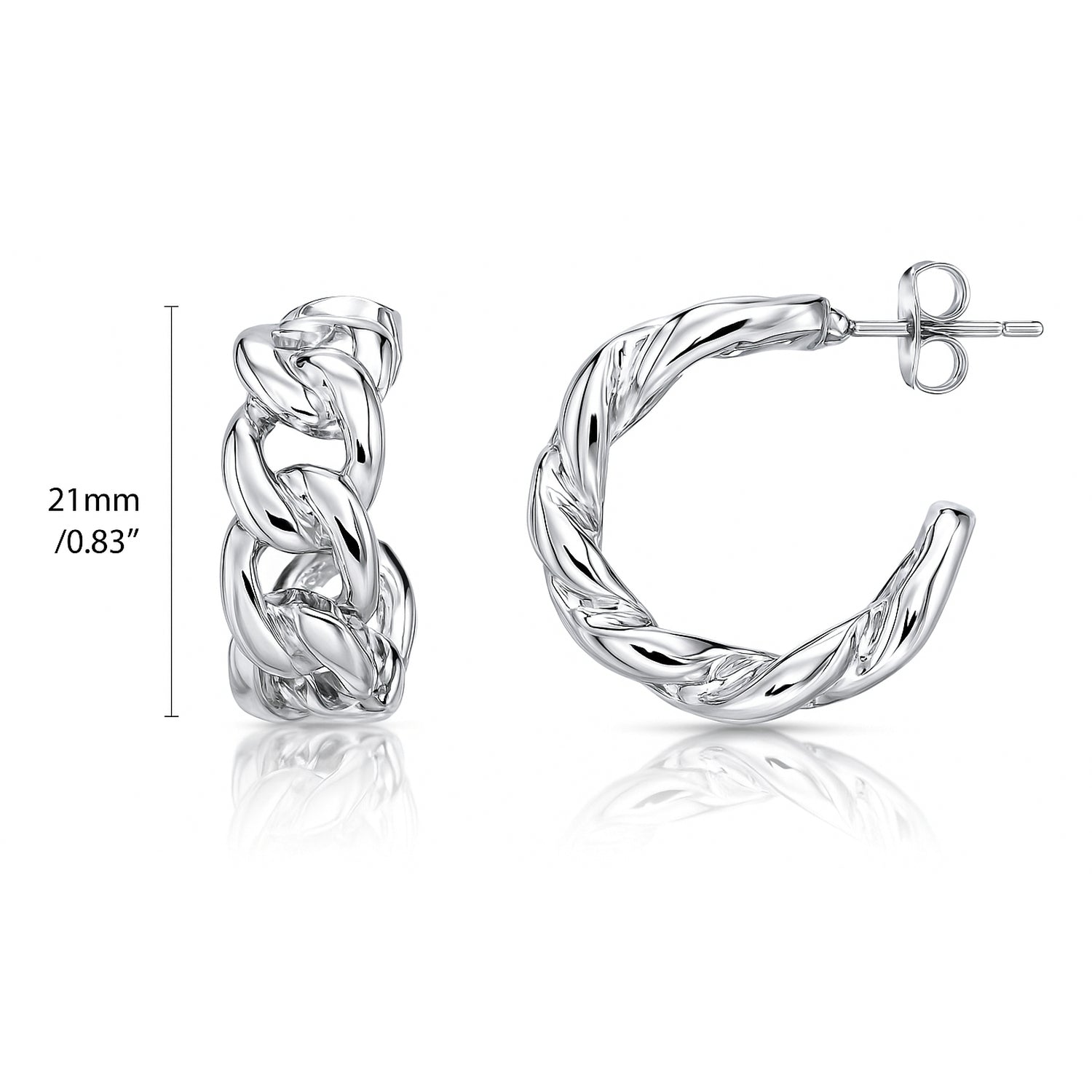 Cable Rope Small Half Hoop Earrings 0.8 inch, Silver-tone