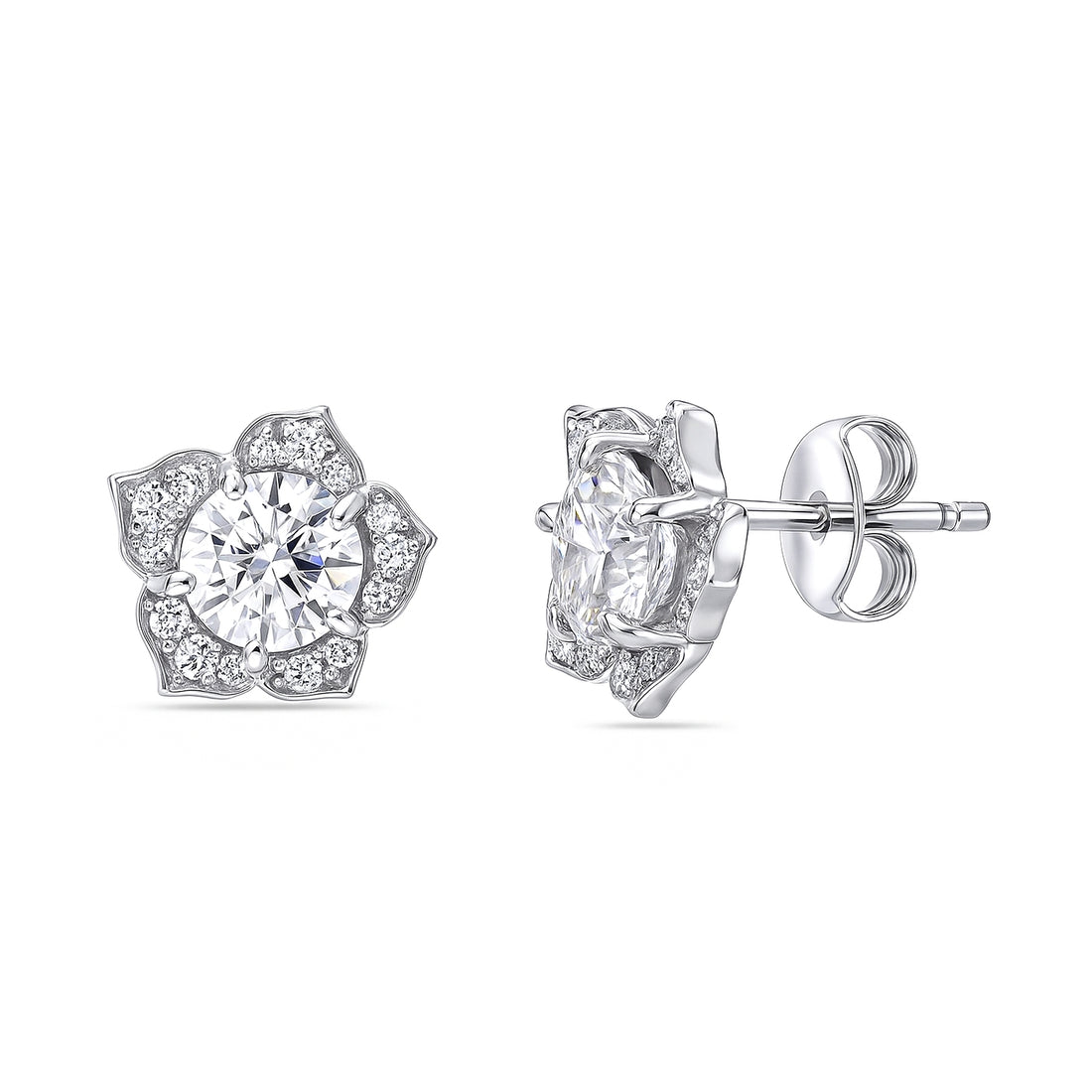 Flower Halo CZ Stud Earrings in Sterling Silver