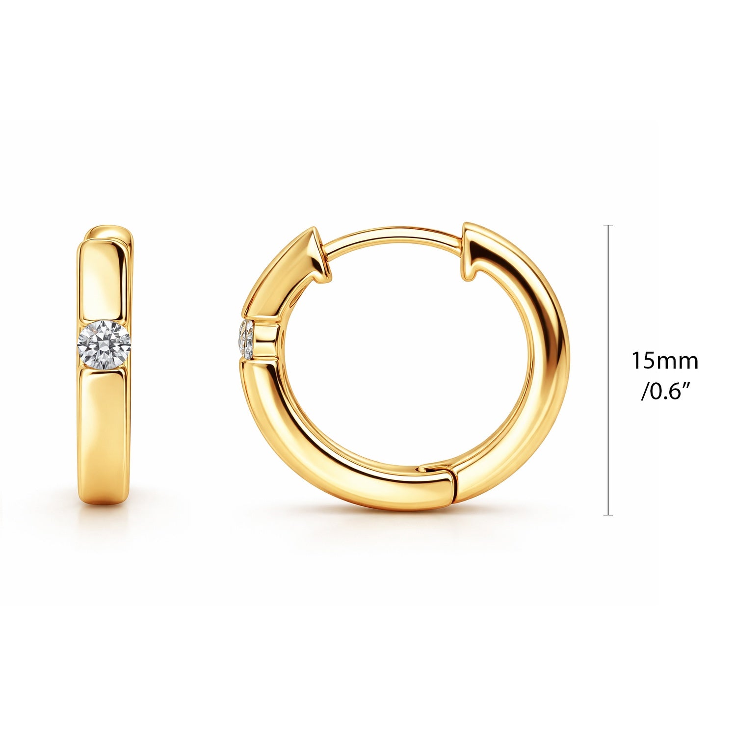Solitaire CZ Small Hoop Earrings Gold Flashed 0.6 inch, 0.6 inch, Gold-tone