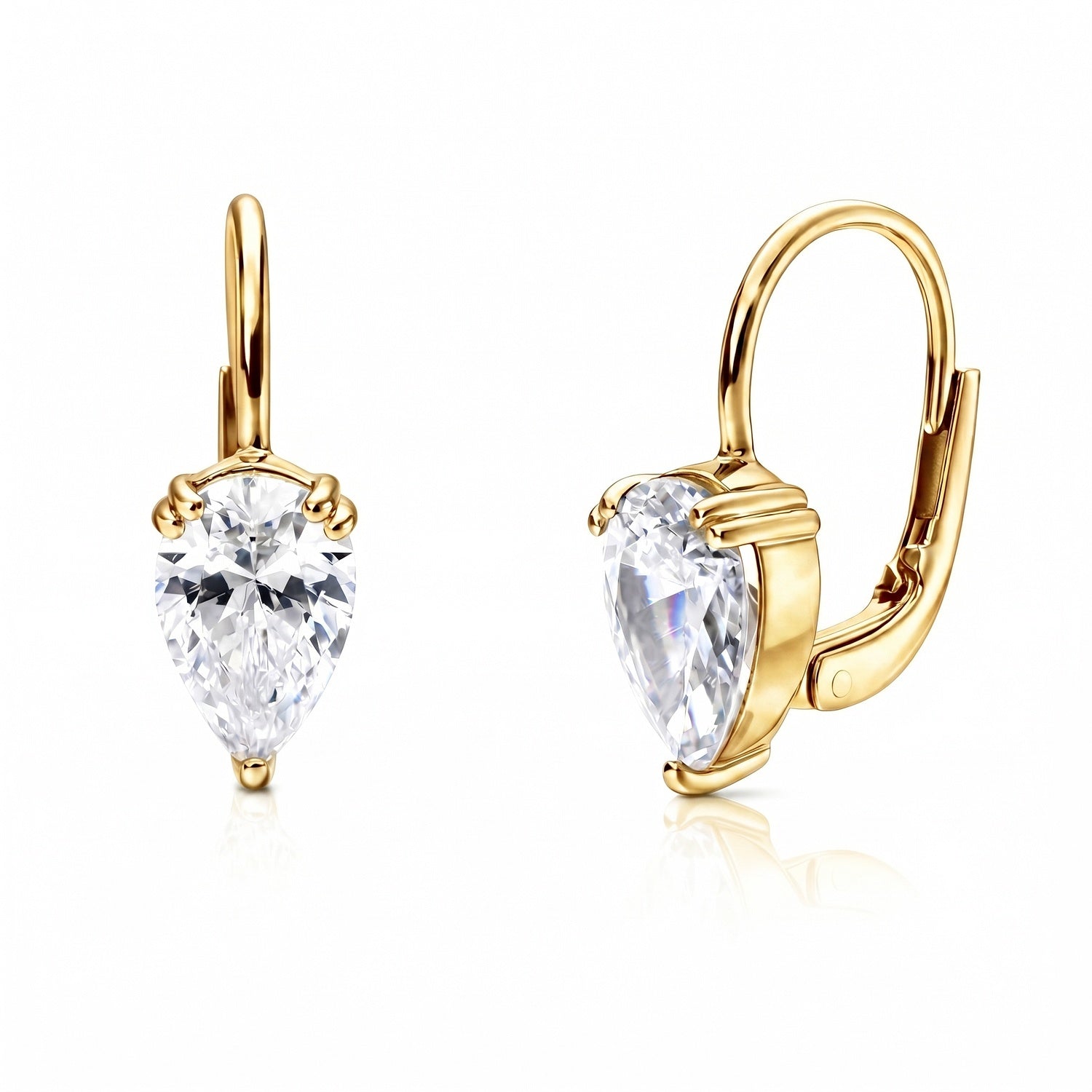 Solitaire 2.6ct Pear CZ Leverback Earrings in Sterling Silver, Gold Flashed