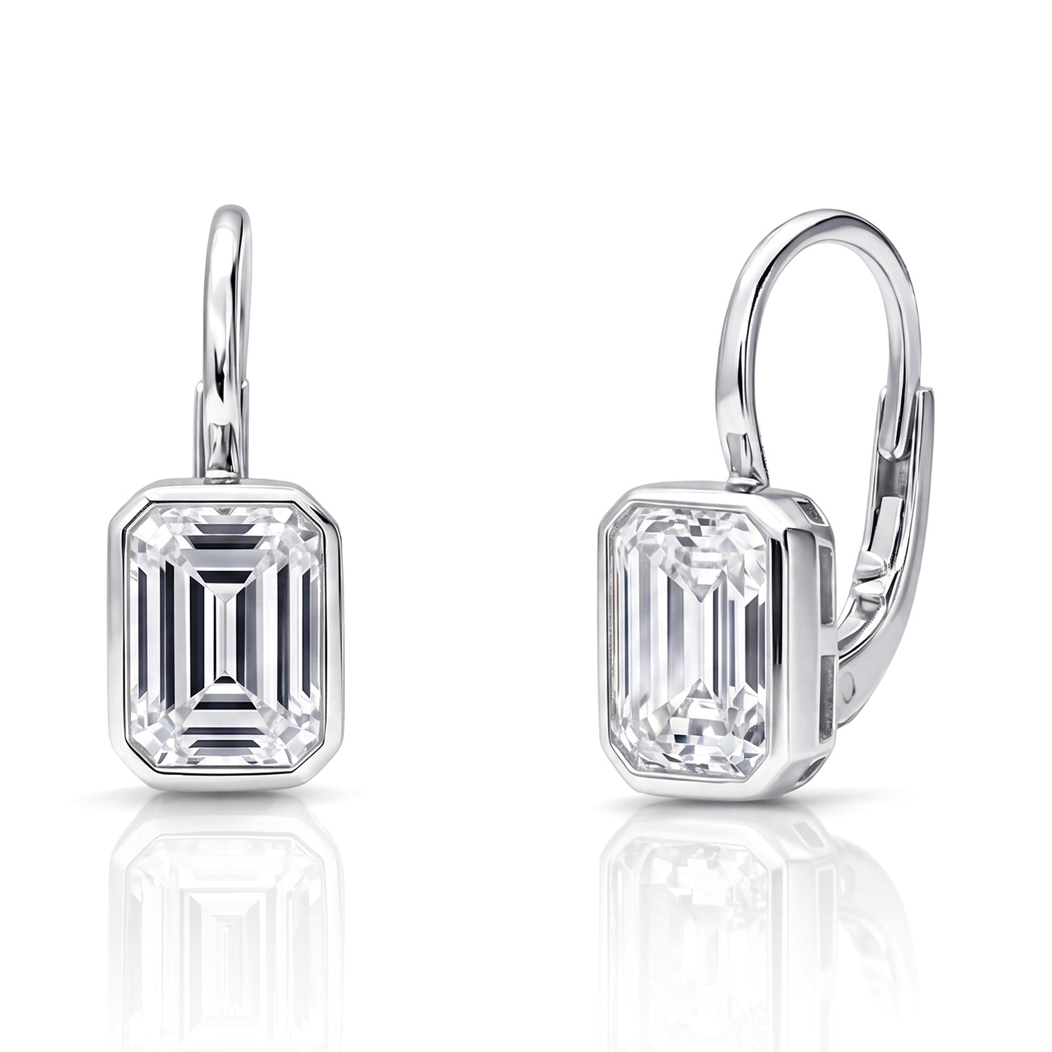 Solitaire Emerald Cut CZ Leverback Earrings in Sterling Silver, Rhodium Plated