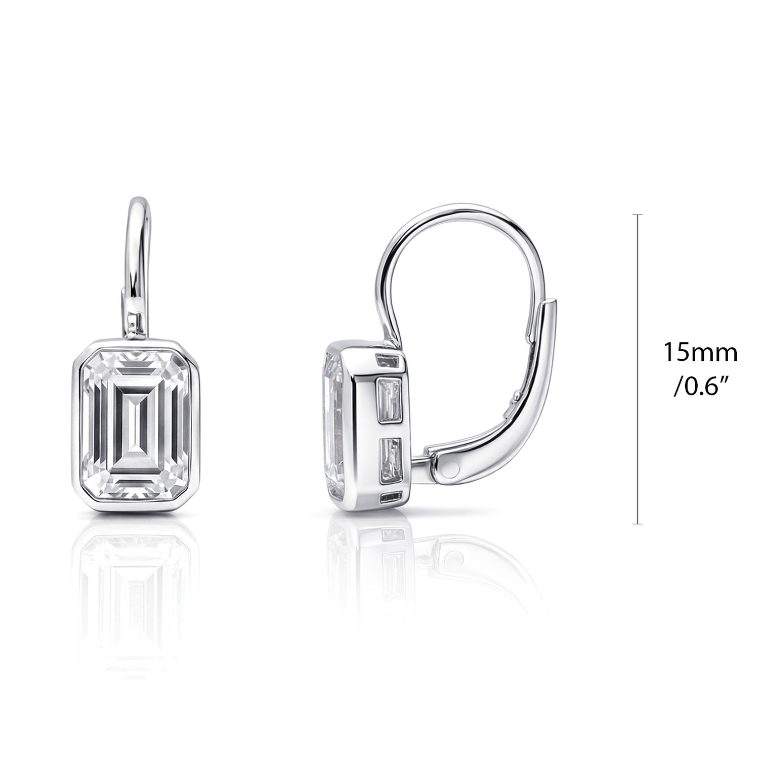 Solitaire Emerald Cut CZ Leverback Earrings in Sterling Silver, Rhodium Plated