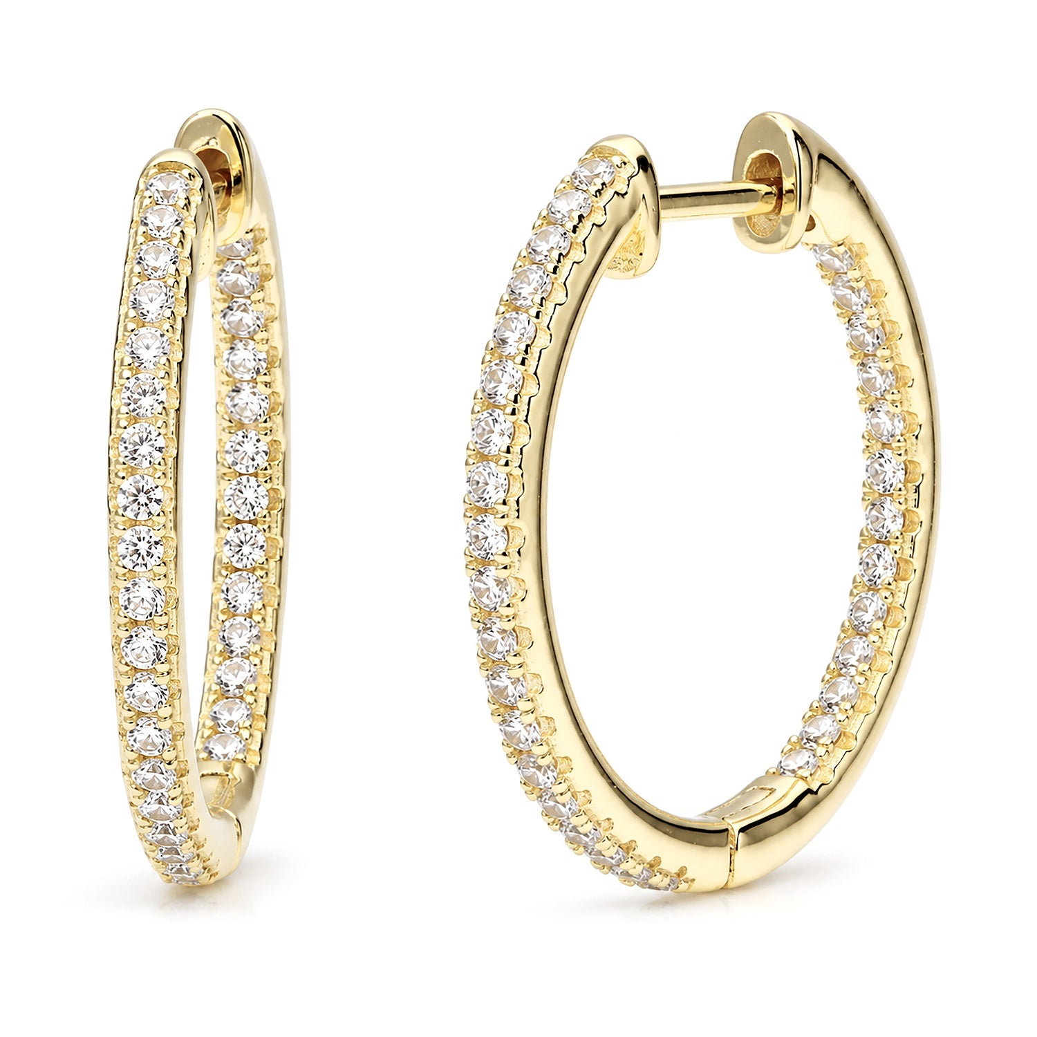 CZ Small Hoop Earrings in Sterling Silver, 0.9 inch, Gold Flashed