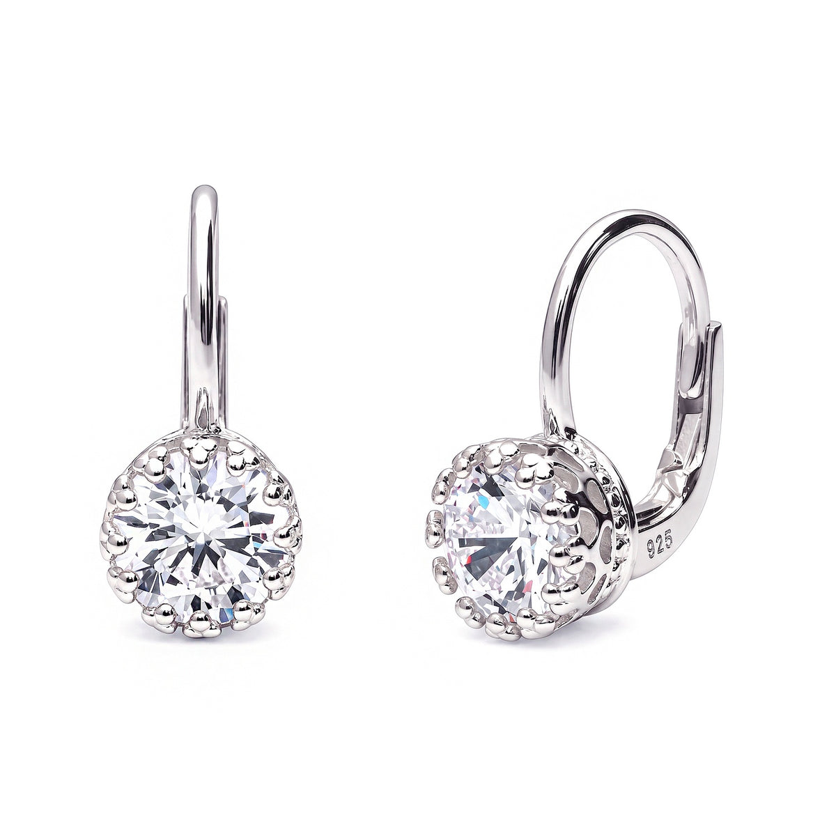 Solitaire 2ct Crown Set CZ Earrings in Sterling Silver, Rhodium Plated