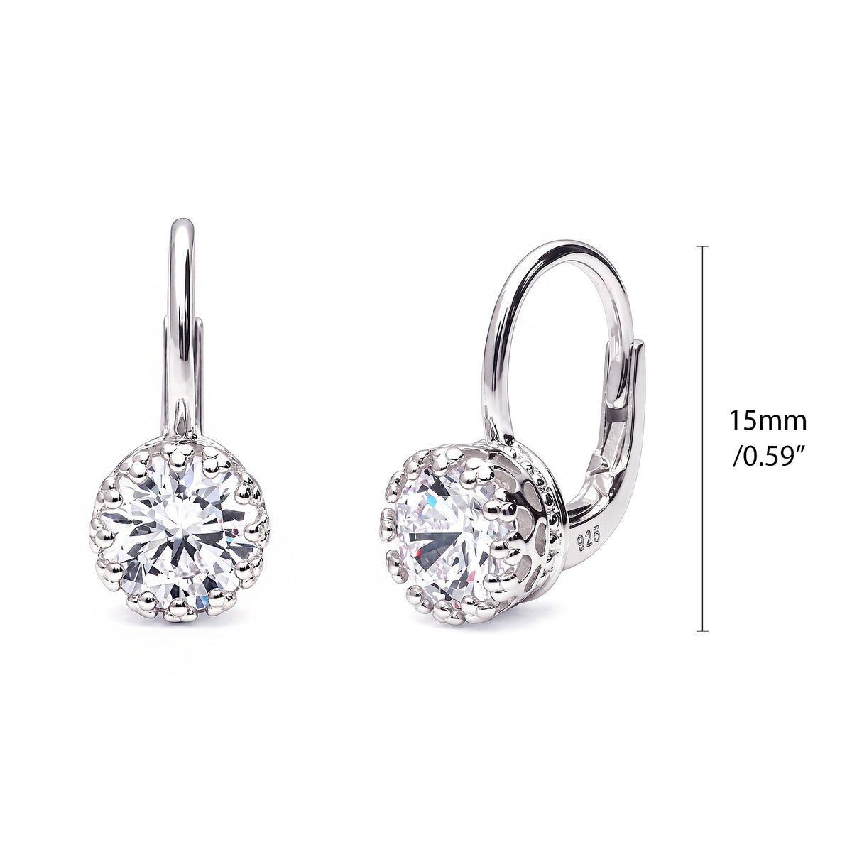 Solitaire 2ct Crown Set CZ Earrings in Sterling Silver, Rhodium Plated