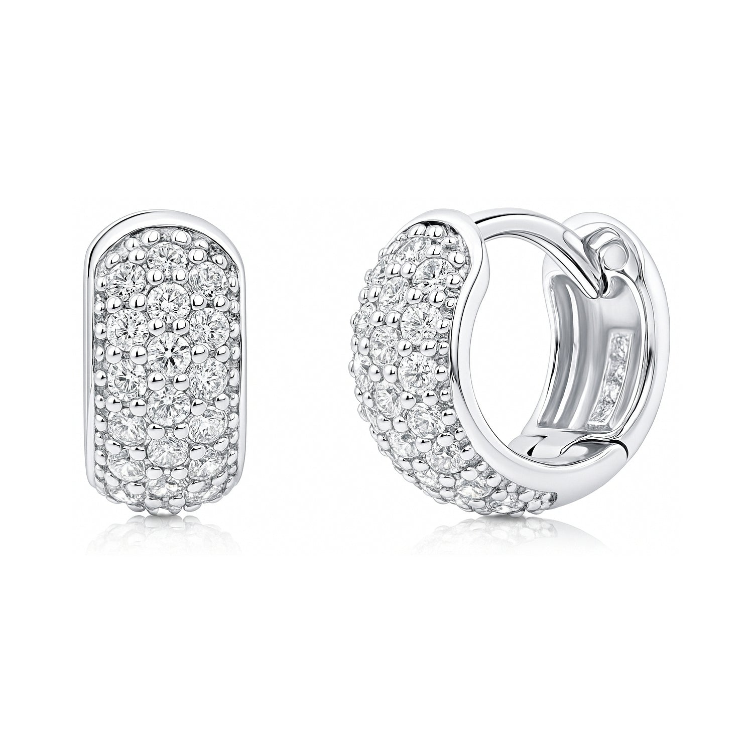 Dome CZ Mini Huggie Earrings in Sterling Silver 0.5 inch, Rhodium Plated