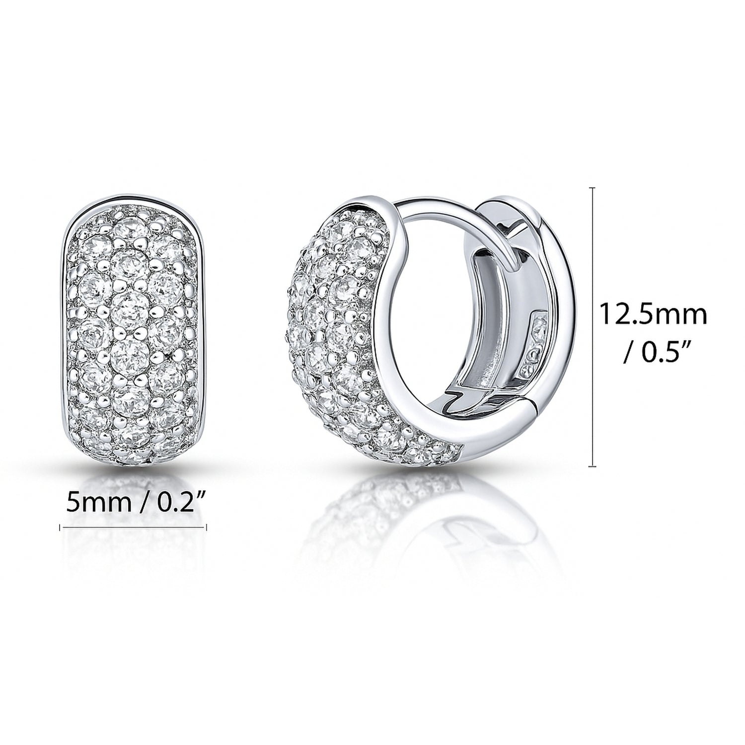 Dome CZ Mini Huggie Earrings in Sterling Silver 0.5 inch, Rhodium Plated