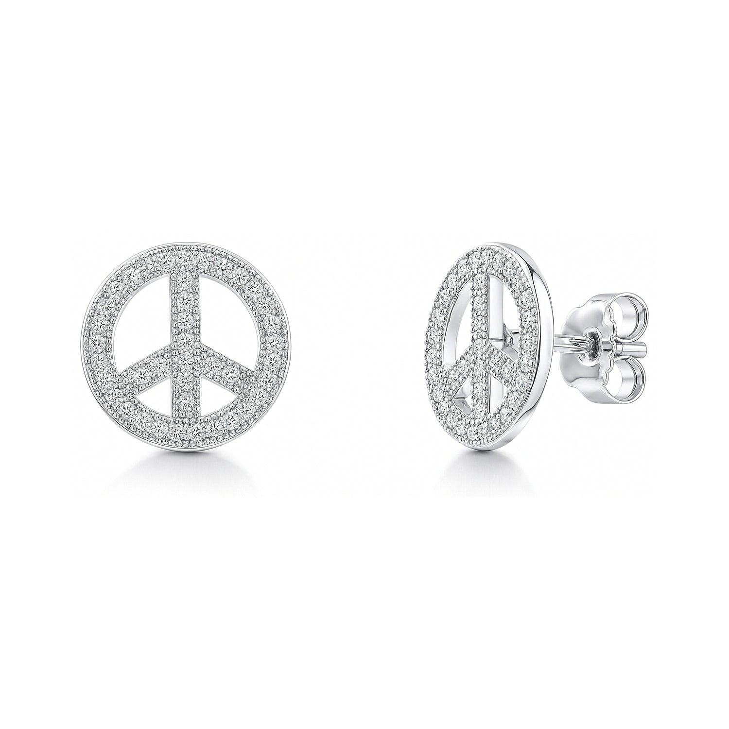 Peace Sign CZ Stud Earrings in Sterling Silver, Rhodium Plated
