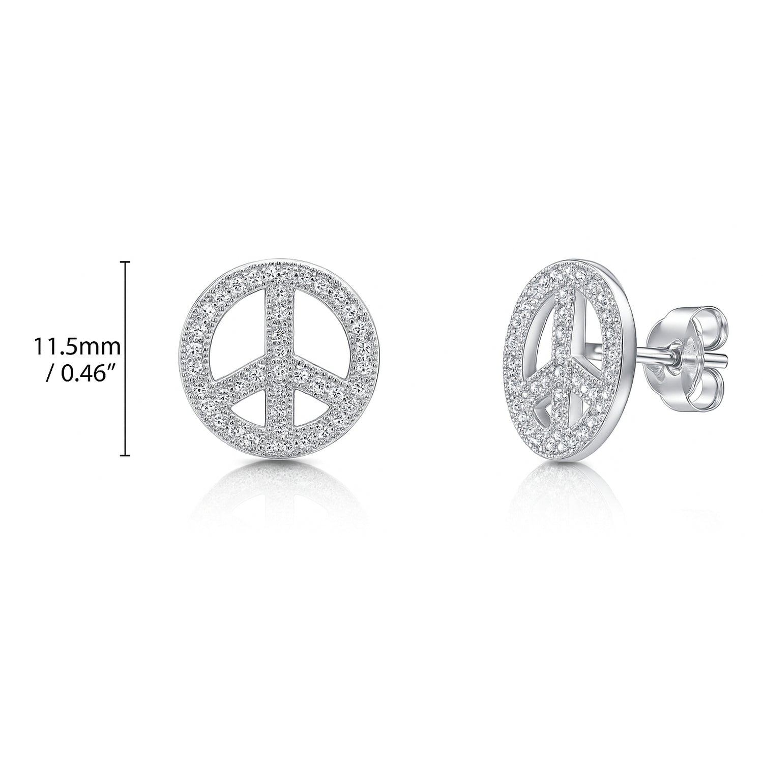 Peace Sign CZ Stud Earrings in Sterling Silver, Rhodium Plated