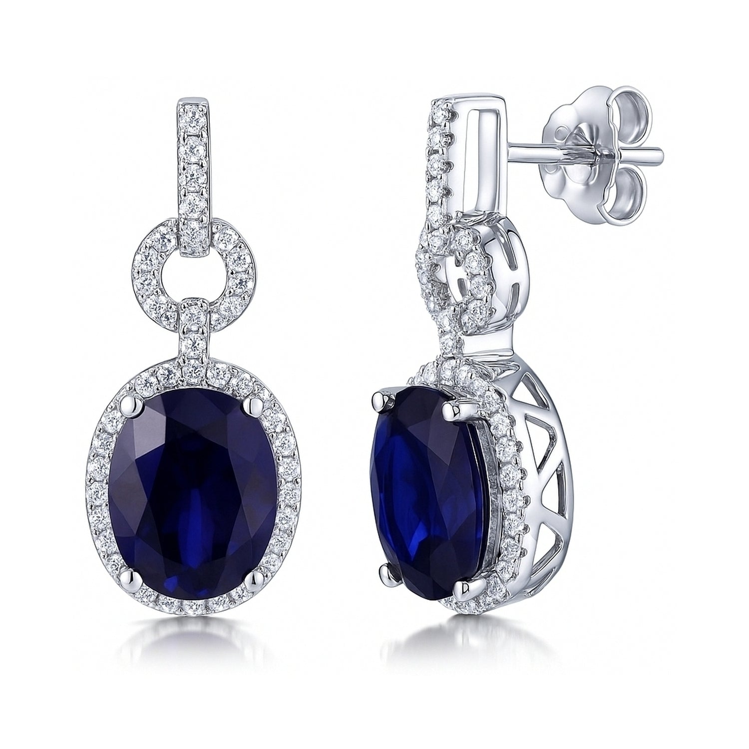 Halo Sapphire-Blue Oval CZ Earrings in Sterling Silver