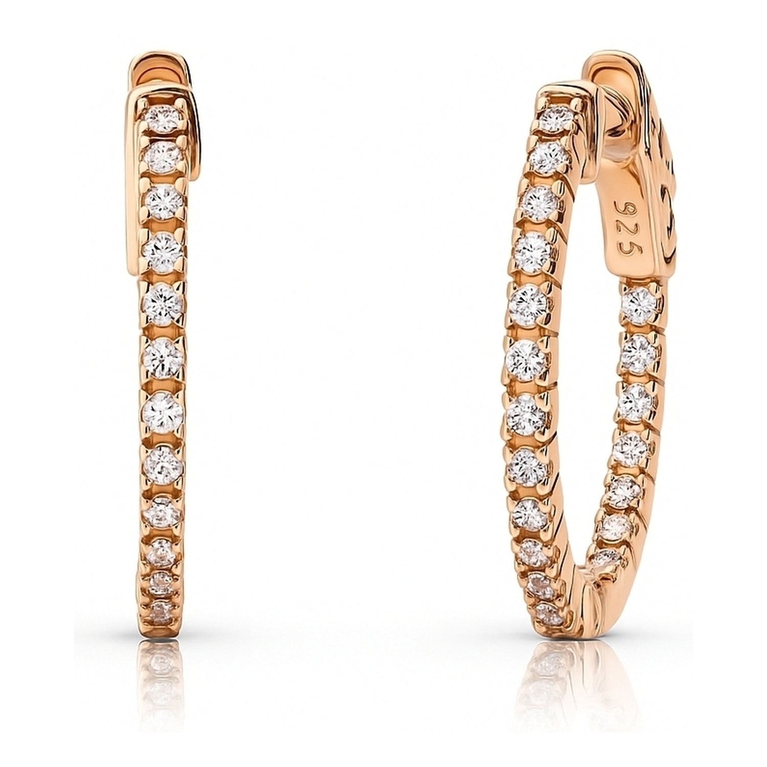 CZ Small Inside-Out Hoop Earrings in Sterling Silver 0.8 inch, Rose Gold Flashed
