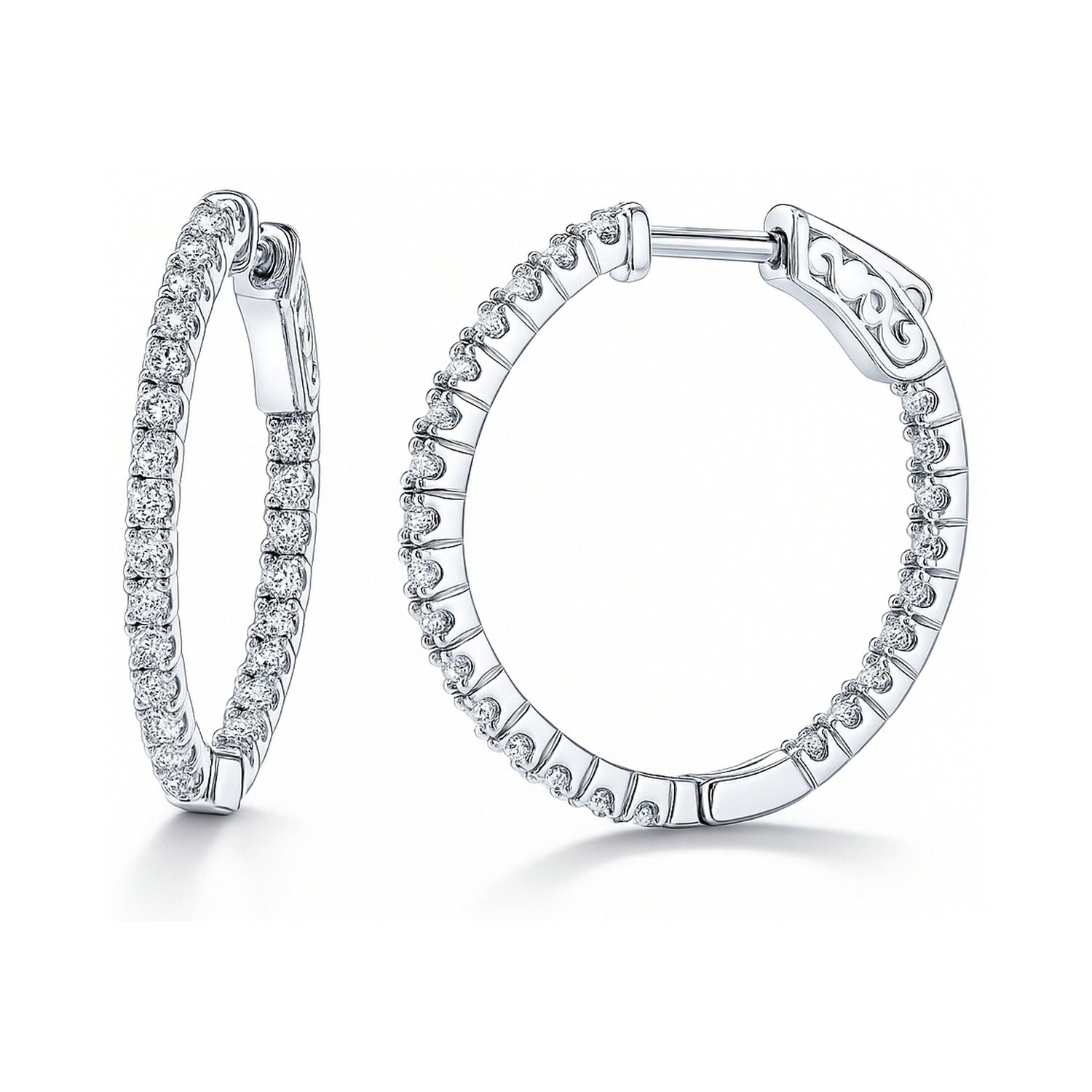 CZ Small Inside-Out Hoop Earrings in Sterling Silver 1 inch, Rhodium Plated