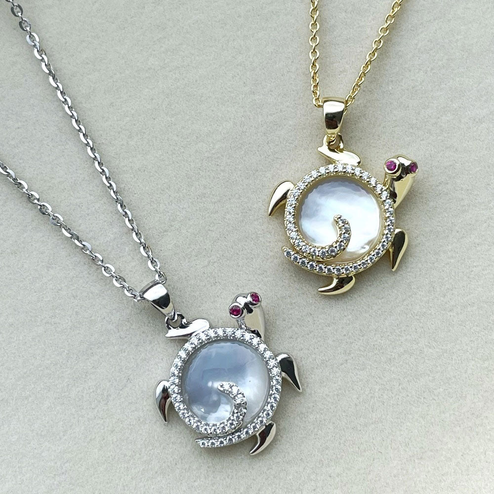 Turtle Mother Of Pearl Necklace in Sterling Silver