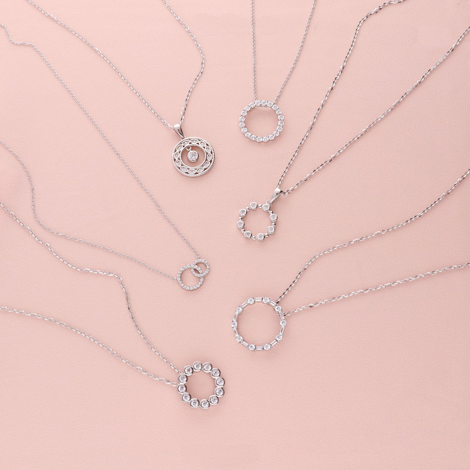 Flatlay view of Open Circle CZ Necklace in Sterling Silver