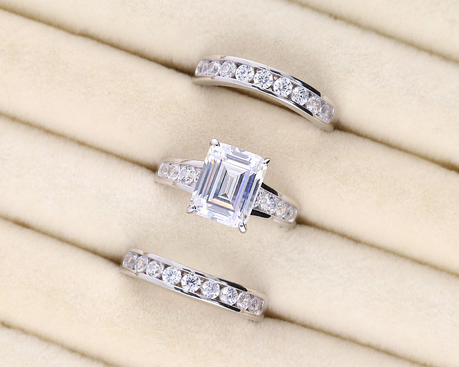 Flatlay view of Solitaire 3.8ct Emerald Cut CZ Ring Set in Sterling Silver, 9 of 18