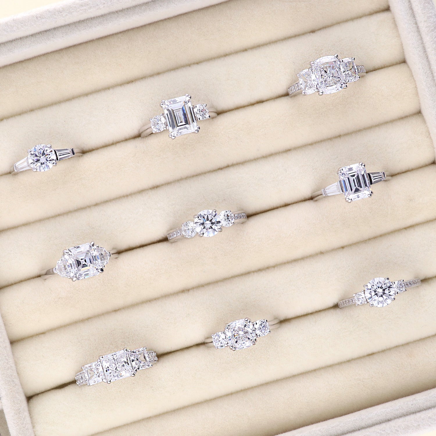 Flatlay view of 3-Stone 1.6ct Princess CZ Ring in Sterling Silver, 13 of 14