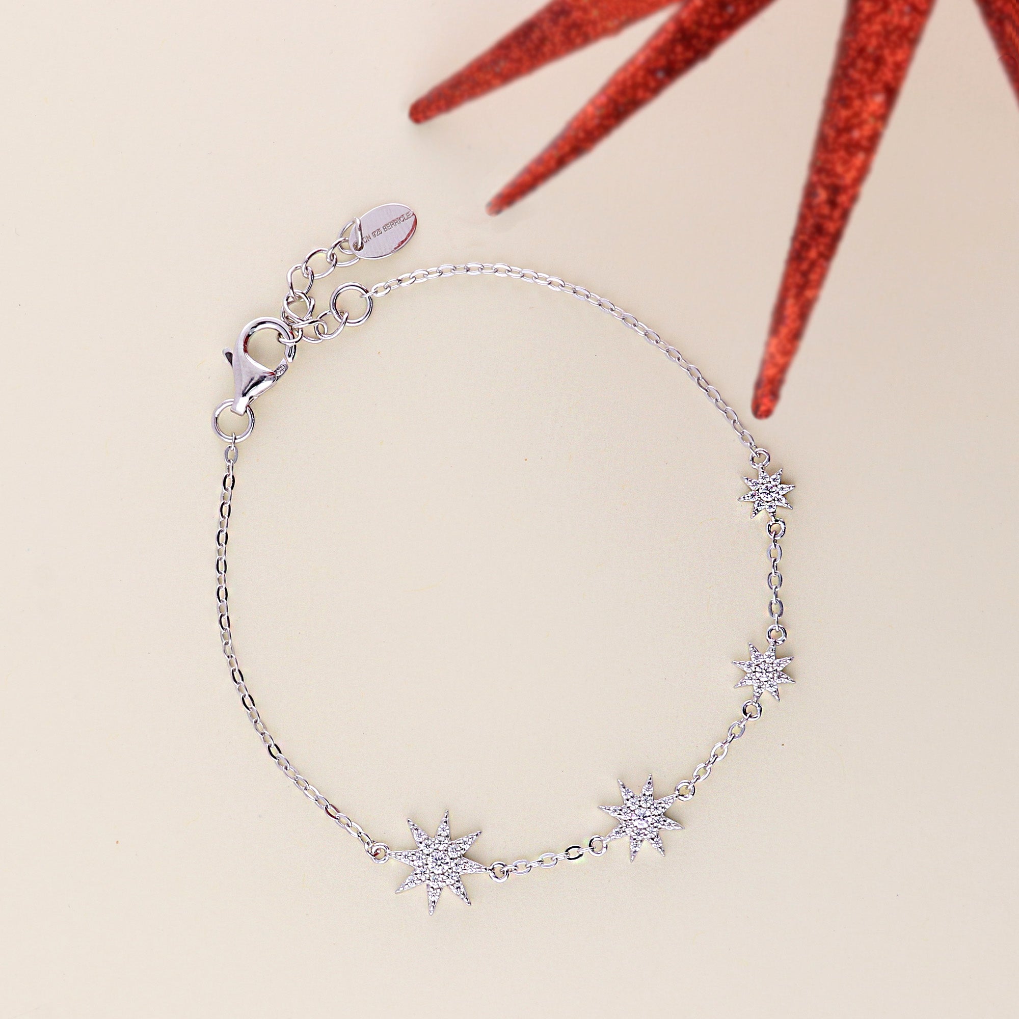 Starburst CZ Rolo Chain Bracelet in Sterling Silver