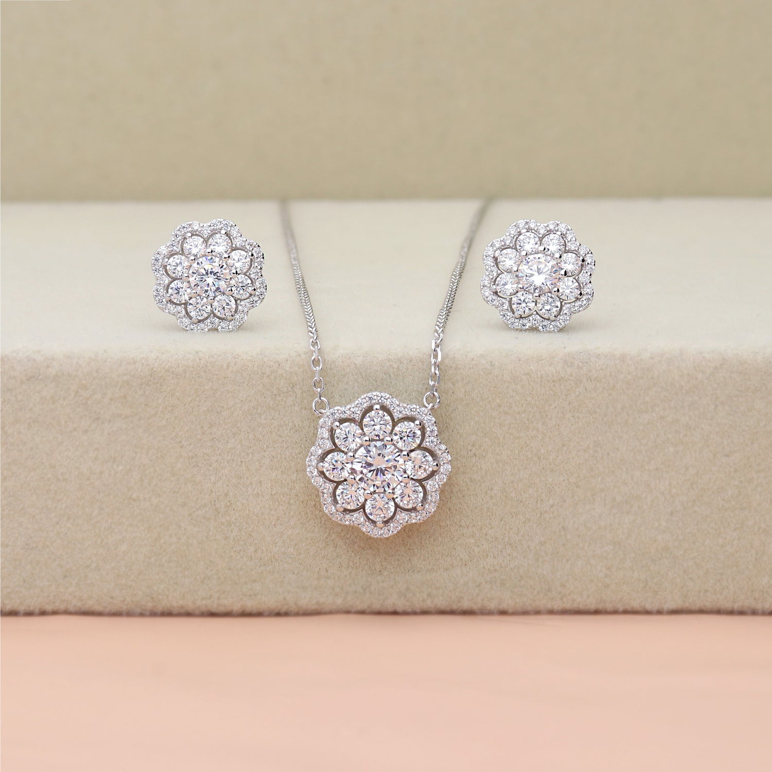 Flatlay view of Flower Halo CZ Stud Earrings in Sterling Silver, 6 of 8