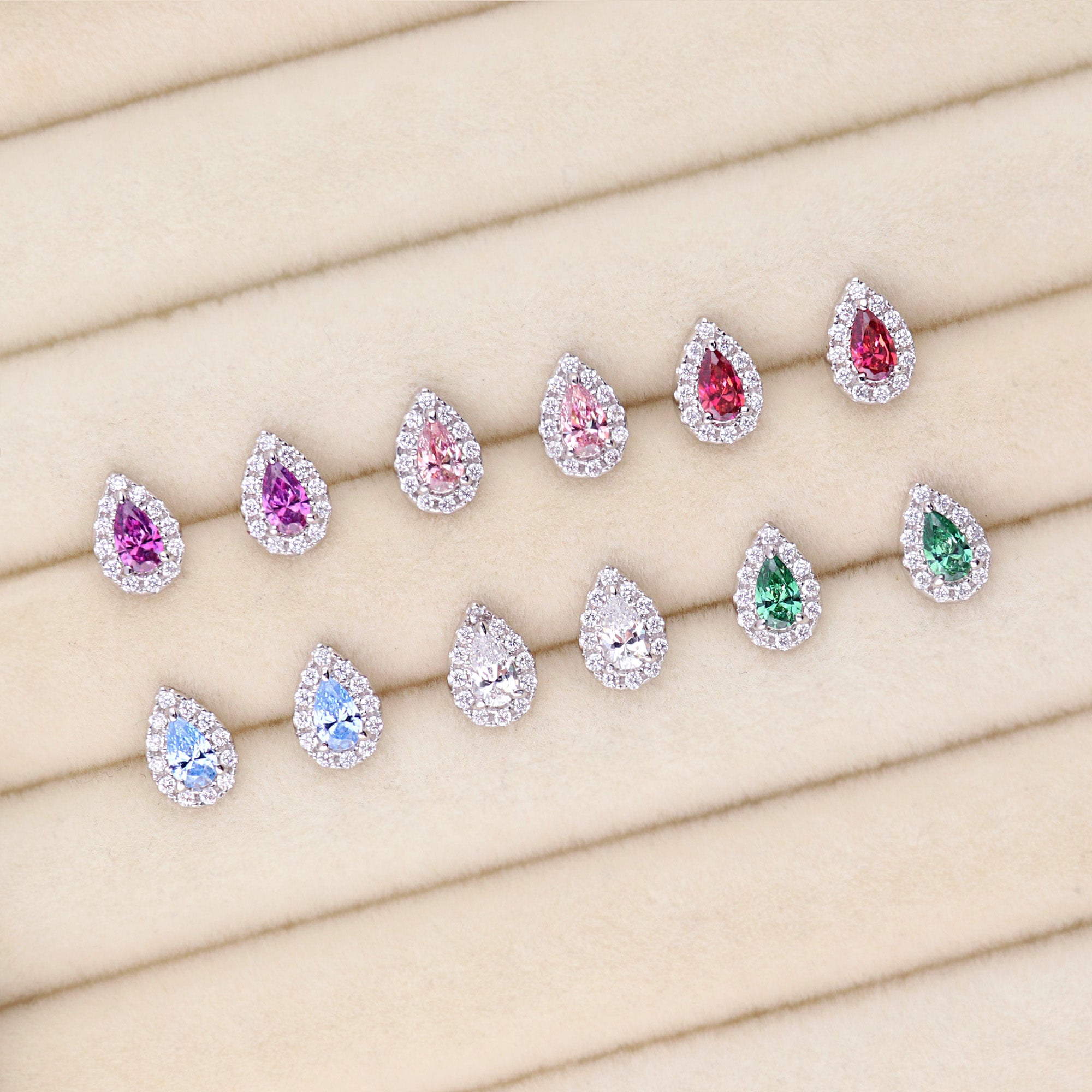 Halo Pear CZ Stud Earrings in Sterling Silver