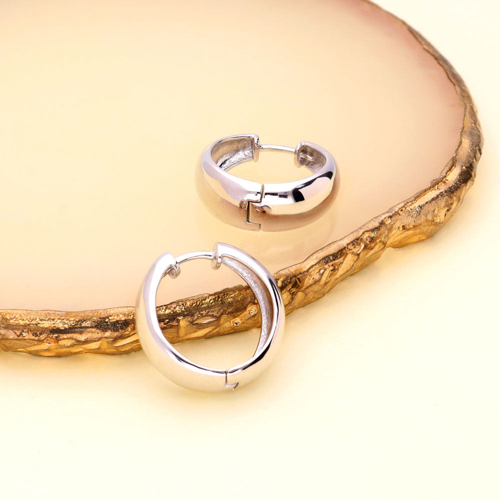 Flatlay view of Dome Small Hoop Earrings in Sterling Silver 0.8-1 inch, 2 Pairs, Rhodium Plated