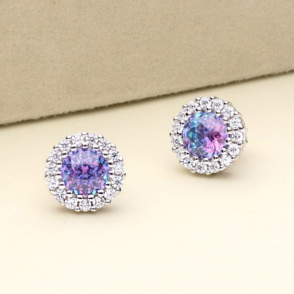 Flatlay view of Halo Kaleidoscope CZ Stud Earrings in Sterling Silver, Purple Aqua