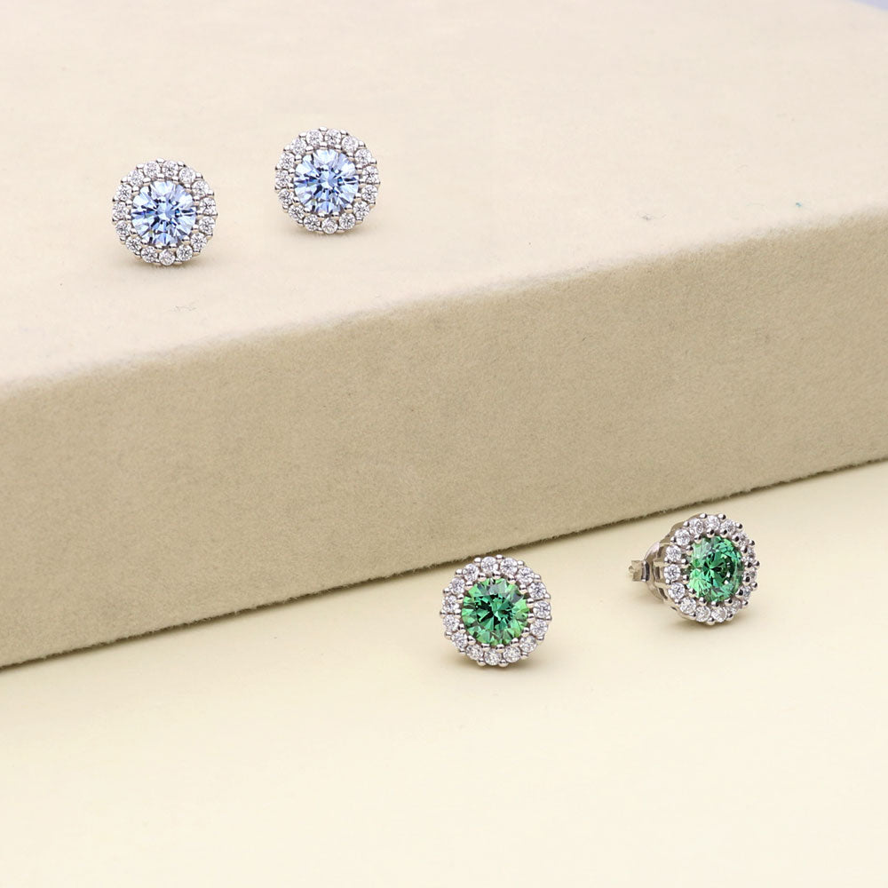 Flatlay view of Halo Kaleidoscope CZ Stud Earrings in Sterling Silver, Green