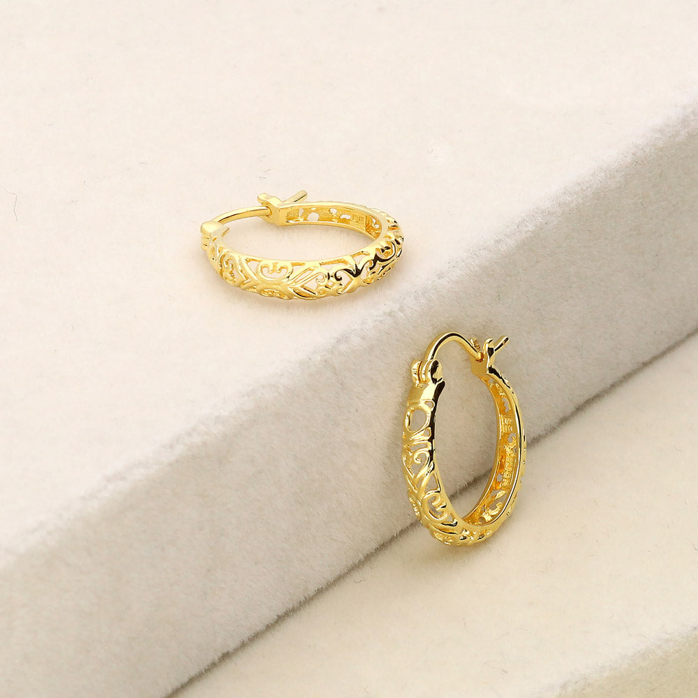 Flatlay view of Filigree Hoop Earrings in Gold Flashed Sterling Silver, 2 Pairs, 13 of 15