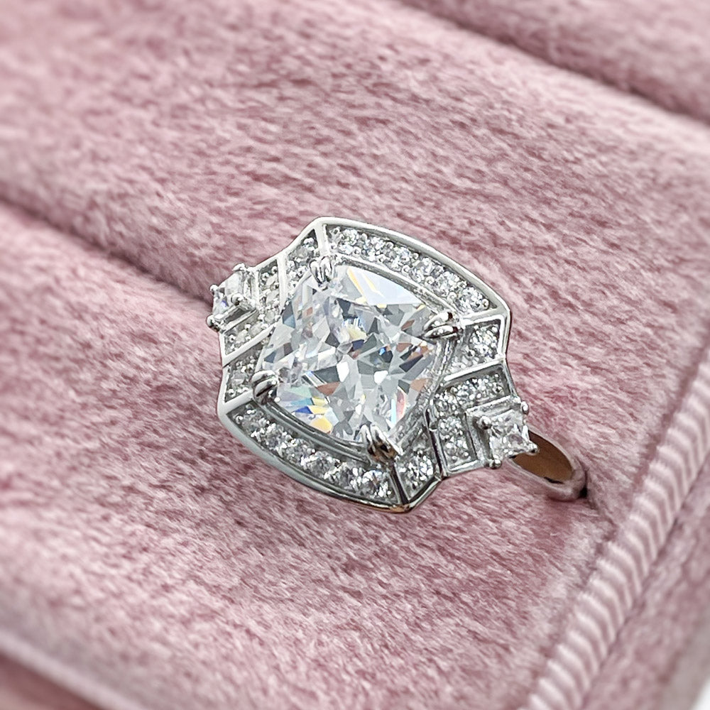 Flatlay view of Halo Arrow Art Deco Cushion CZ Ring in Sterling Silver, 2 of 8