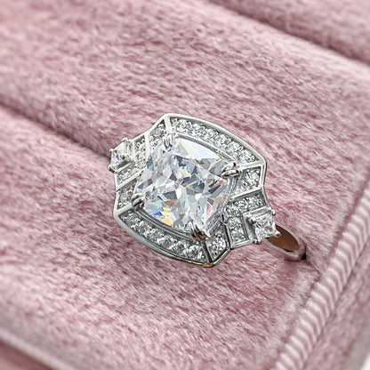 Halo Arrow Art Deco Cushion CZ Ring in Sterling Silver