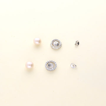 Halo White Button Cultured Pearl Stud Earrings in Sterling Silver