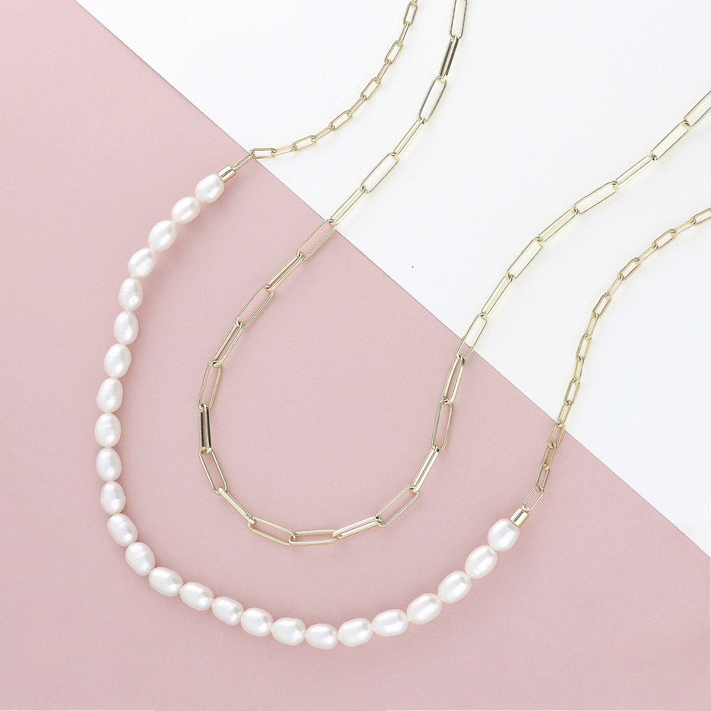 Flatlay view of Paperclip White Oval Cultured Pearl Chain Necklace in Sterling Silver, 17 of 18